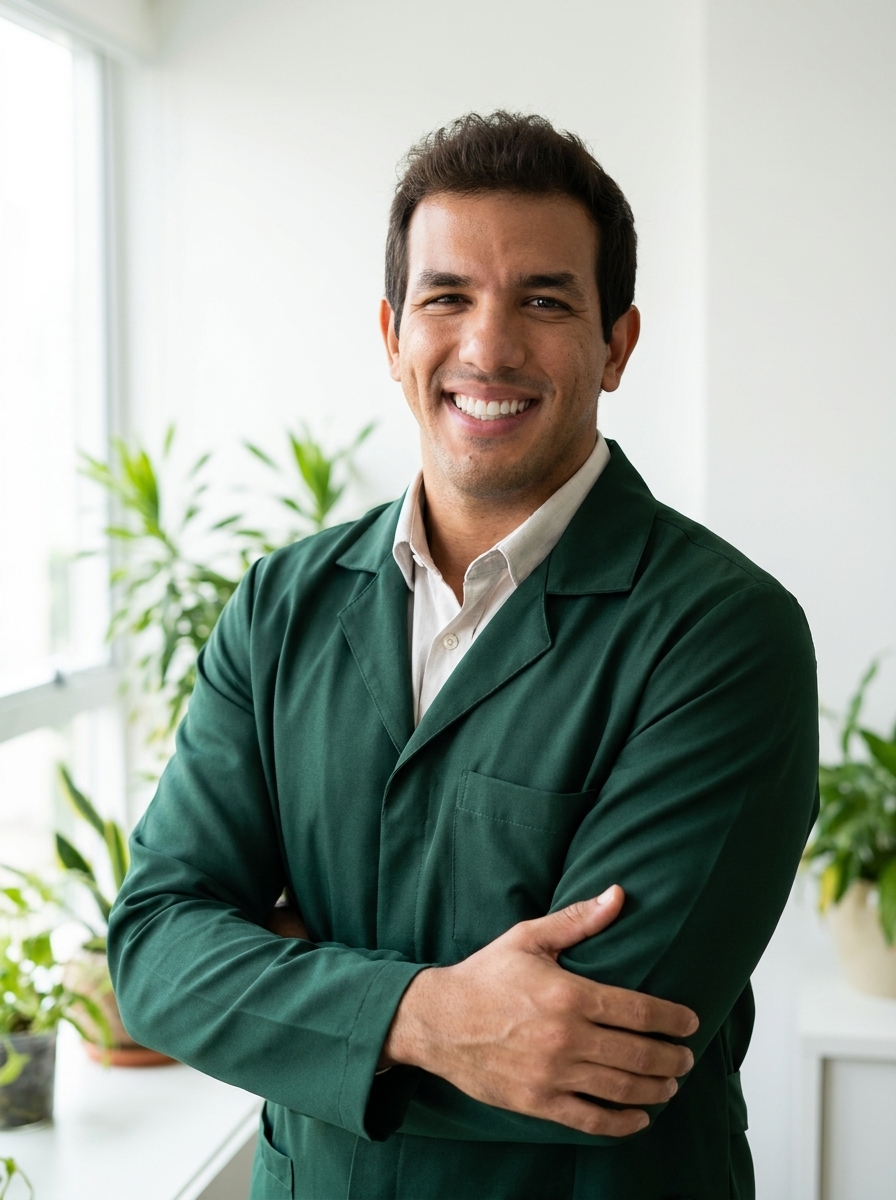 Thiago Campos, homeopata, sorrindo de braços cruzados