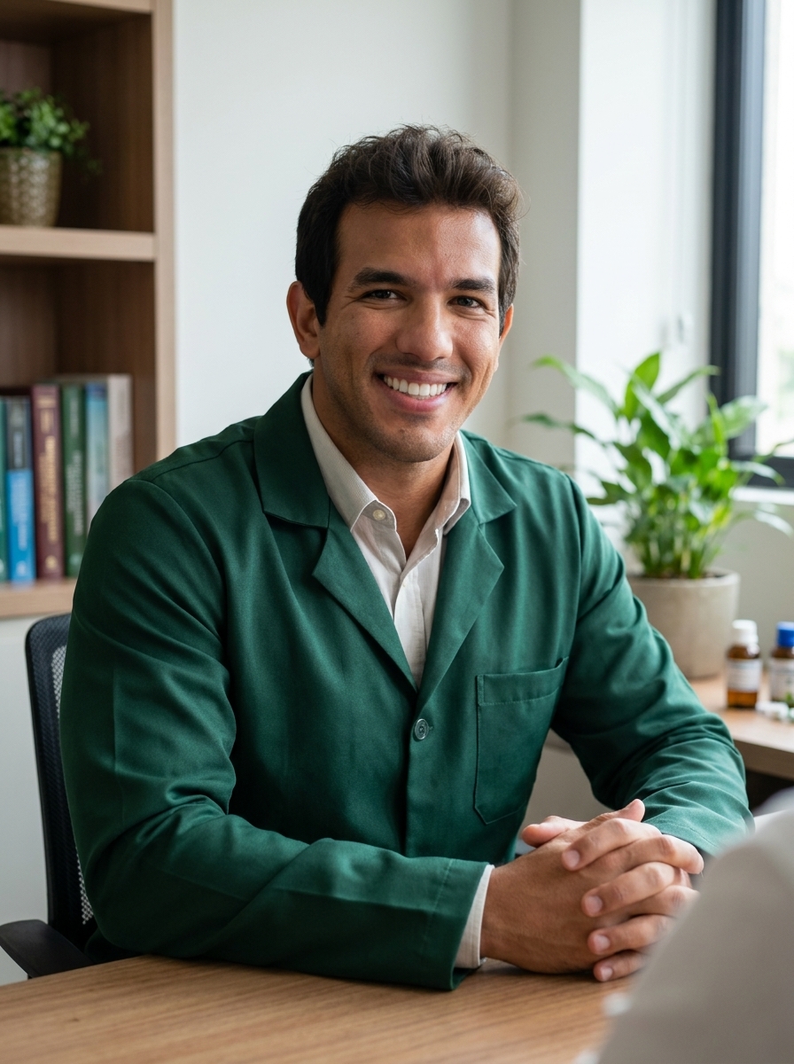 Thiago Campos atendendo um paciente em consulta, sentado à mesa