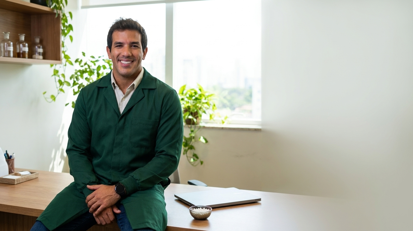 Thiago Campos, homeopata, sentado em sua mesa na Farmácia Dias da Cruz